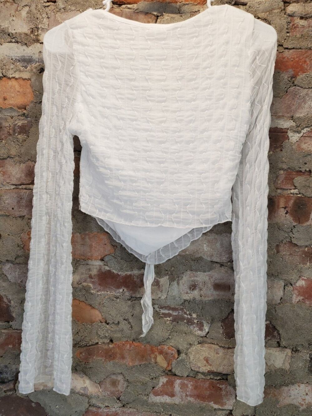 Womens White Long Sleeve Crop Top Small Tie Front Square Neck Textured